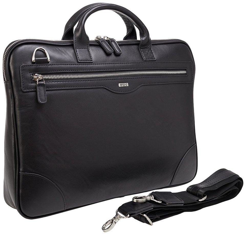 Деловая сумка из натуральной гладкой кожи черного цвета для документов и ноутбука Desisan 80302 modnotak фото №2