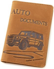 Обкладинка для автодокументів з вінтажної шкіри з малюнком Гелендваген ST Leather 90802 рудого кольору