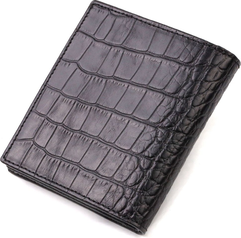 Невеликий шкіряний чоловічий портмоне чорного кольору з тисненням під крокодила CANPELLINI (2421738)