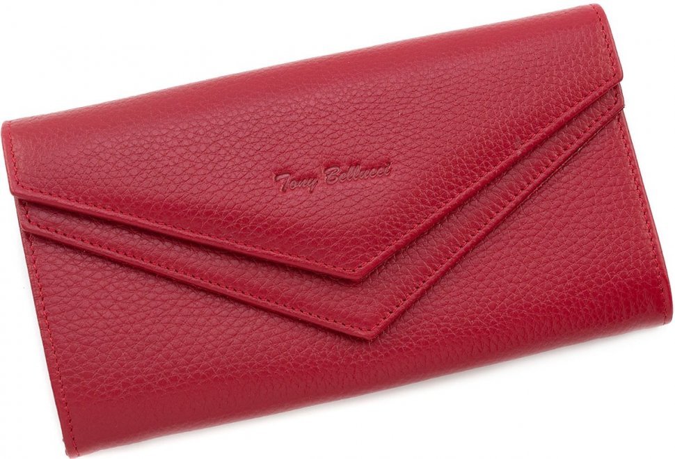 Великий жіночий гаманець червоного кольору з фактурної шкіри на кнопці Tony Bellucci (10730)