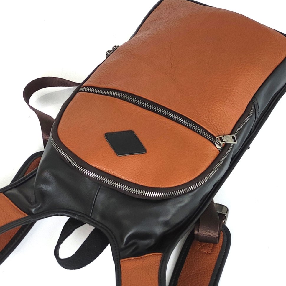 Черно-коричневый рюкзак из натуральной кожи с молниевой застежкой Tiding Bag (21213)