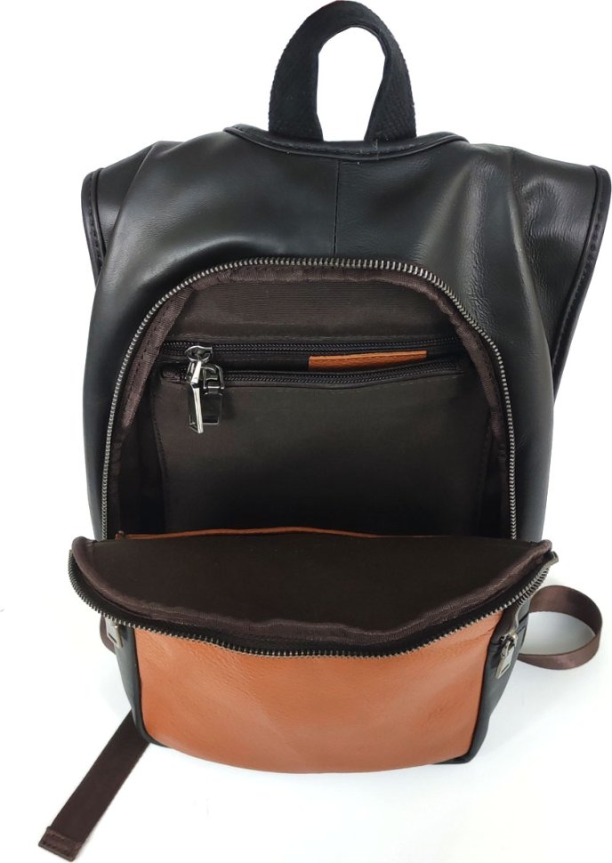 Чорно-коричневий рюкзак з натуральної шкіри з блискавковою застібкою Tiding Bag (21213)