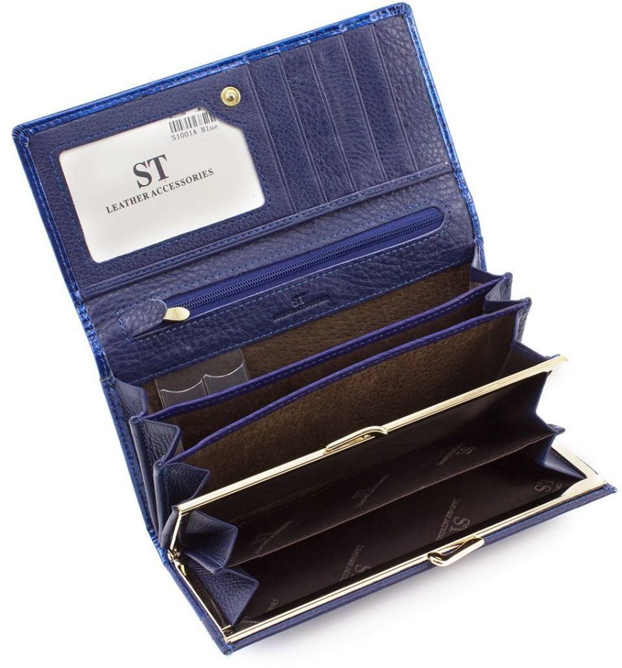 Лаковый синий кошелек с узором под рептилию ST Leather (16309)