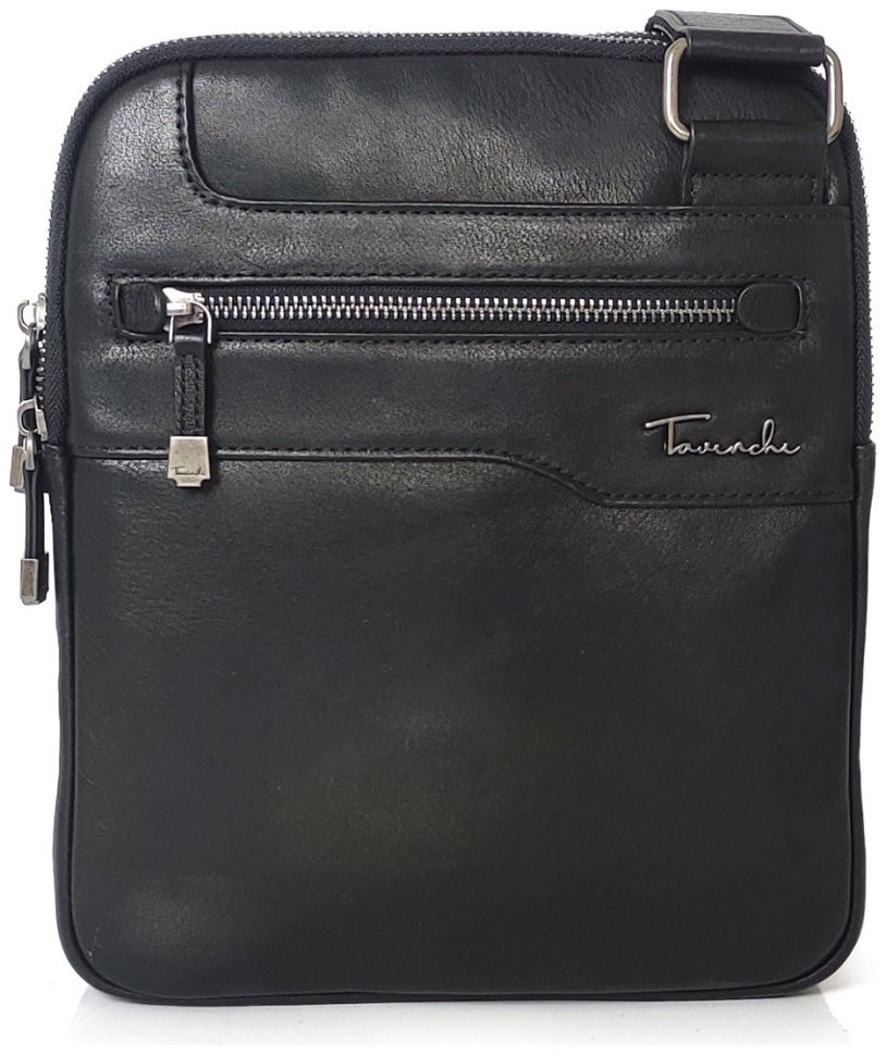 Небольшая мужская сумка через плечо из качественной натуральной кожи черного цвета Tavinchi 77602