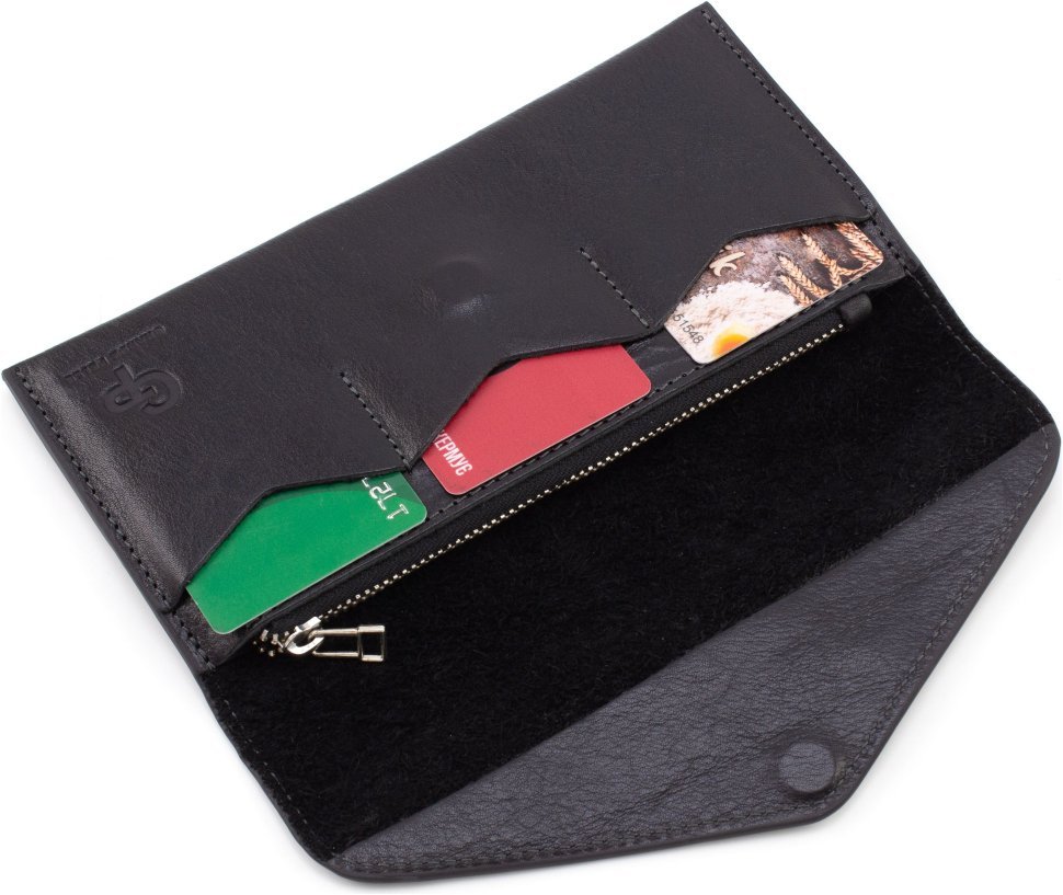 Женский кошелек-конверт из натуральной кожи черного цвета на магните Grande Pelle 67802