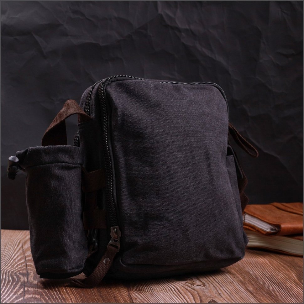 Мужская наплечная сумка из черного текстиля с чехлом для воды Vintage 2422208