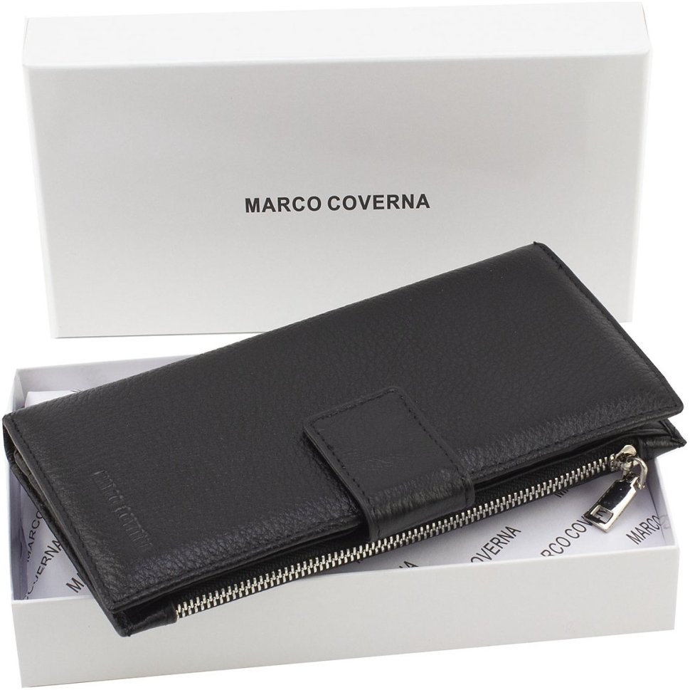Черный кожаный купюрник вертикального формата с хлястиком на магните Marco Coverna 68602