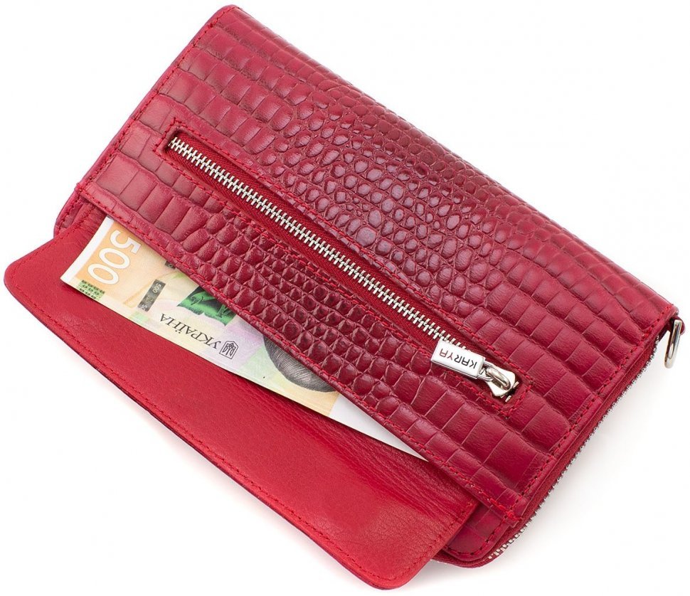 Жіночий гаманець з натуральної червоної шкіри з тисненням KARYA (19576)
