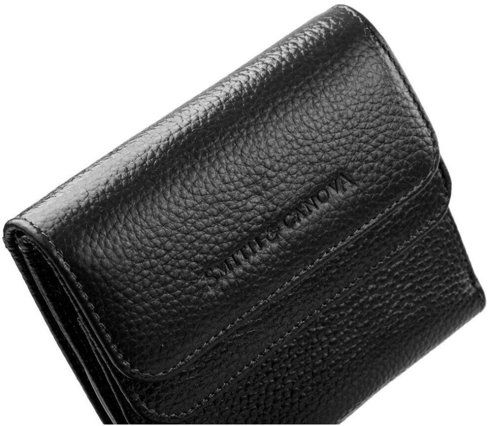 Черный женский кошелек из фактурной кожи с монетницей на кнопке Smith&Canova Haxey 69702