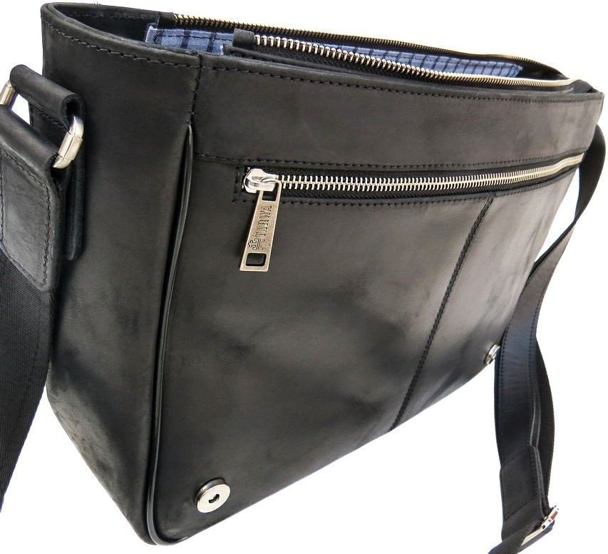 Винтажная мужская сумка-мессенджер из натуральной кожи черного цвета TARWA (21686)