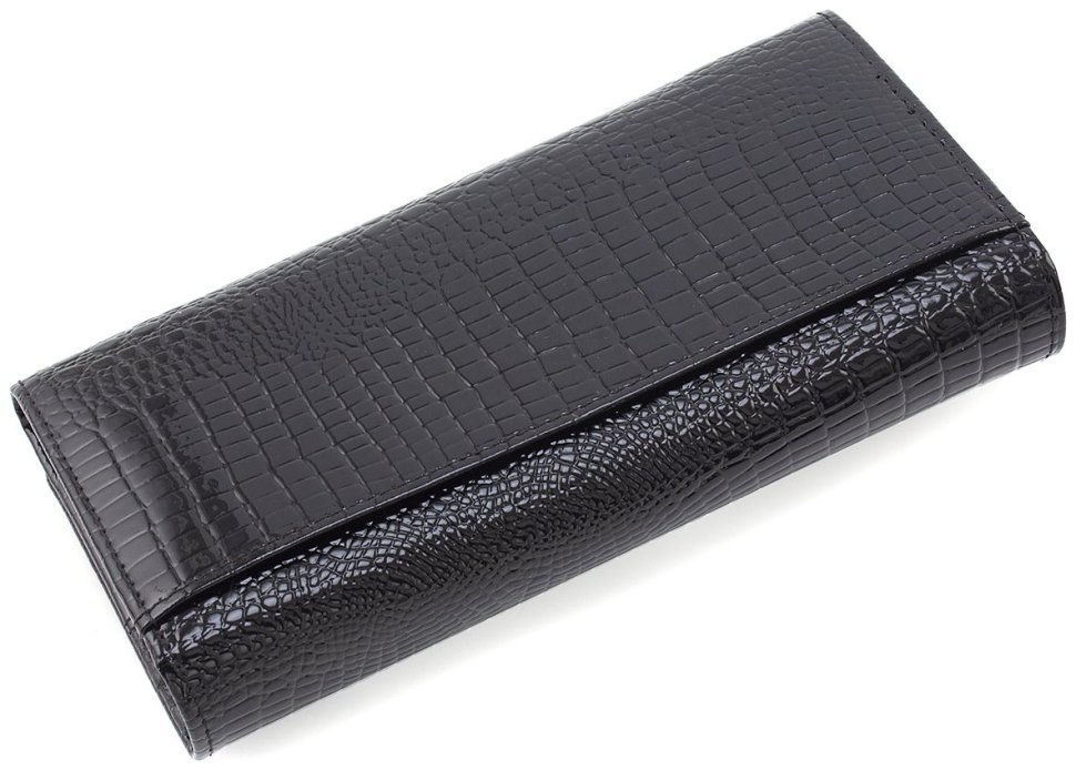 Довгий жіночий гаманець із натуральної лакової шкіри чорного кольору ST Leather 70803