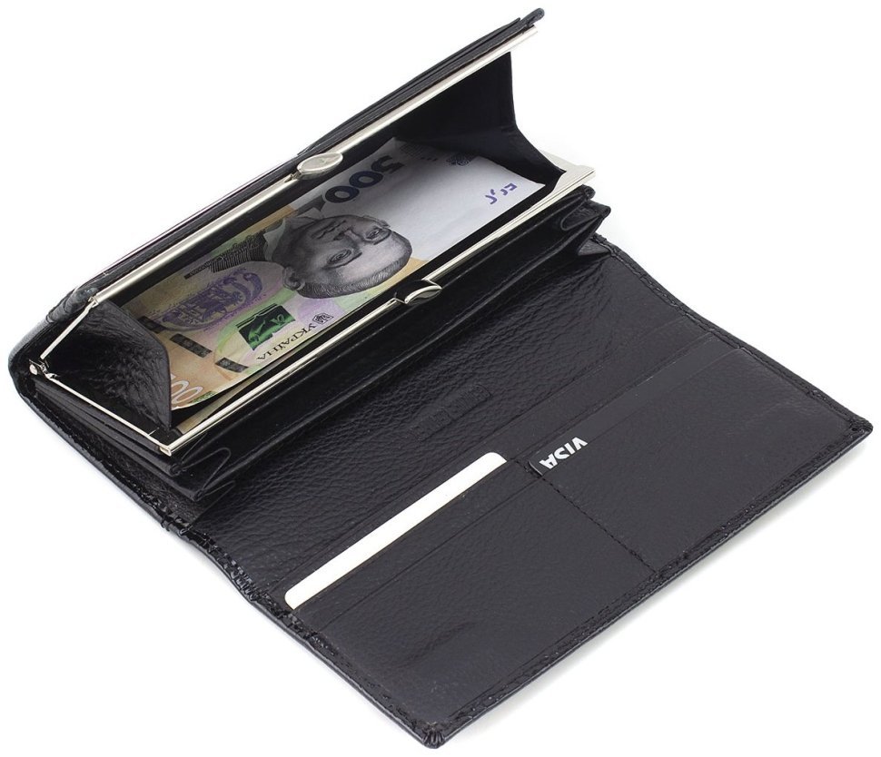 Довгий жіночий гаманець із натуральної лакової шкіри чорного кольору ST Leather 70803