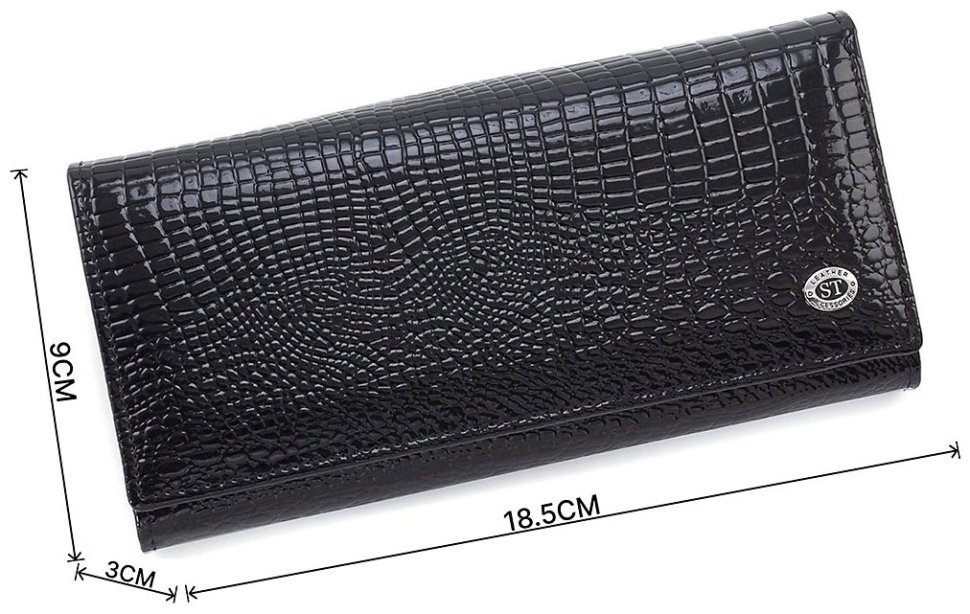 Довгий жіночий гаманець із натуральної лакової шкіри чорного кольору ST Leather 70803 modnotak фото №3