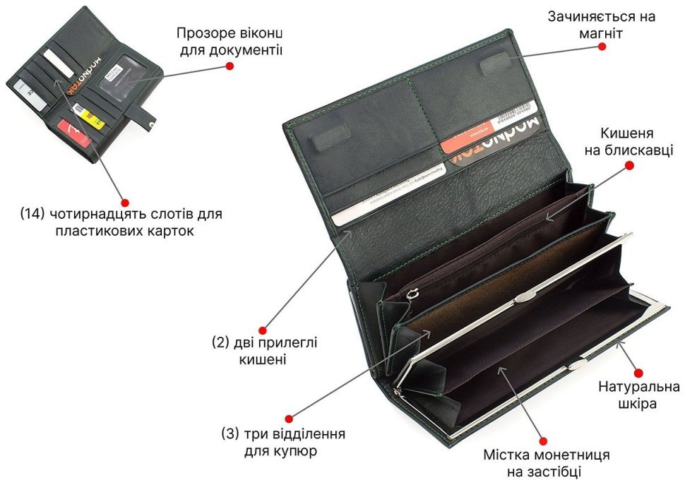 Оригінальний шкіряний жіночий гаманець зеленого кольору з блоком під багато карт Marco Coverna (17041) modnotak фото №4