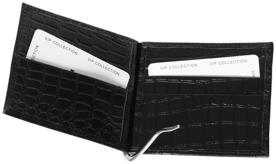 Кожаный зажим без застежки из натуральной кожи кроко Vip Collection 102603 (черный) modnotak фото №2