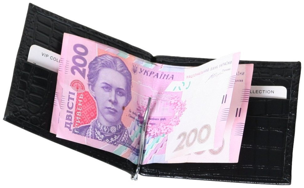 Кожаный зажим без застежки из натуральной кожи кроко Vip Collection 102603 (черный) modnotak фото №3