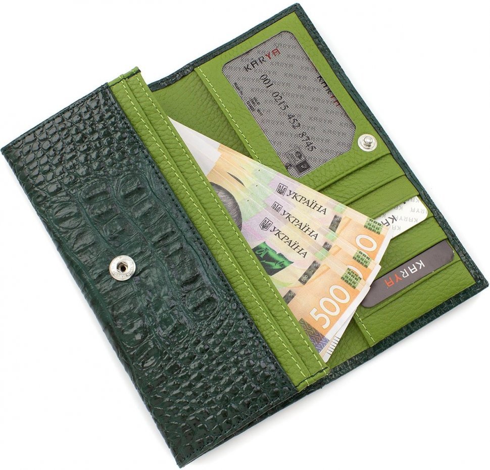 Якісний гаманець з натуральної шкіри темно-зеленого кольору KARYA (19014)