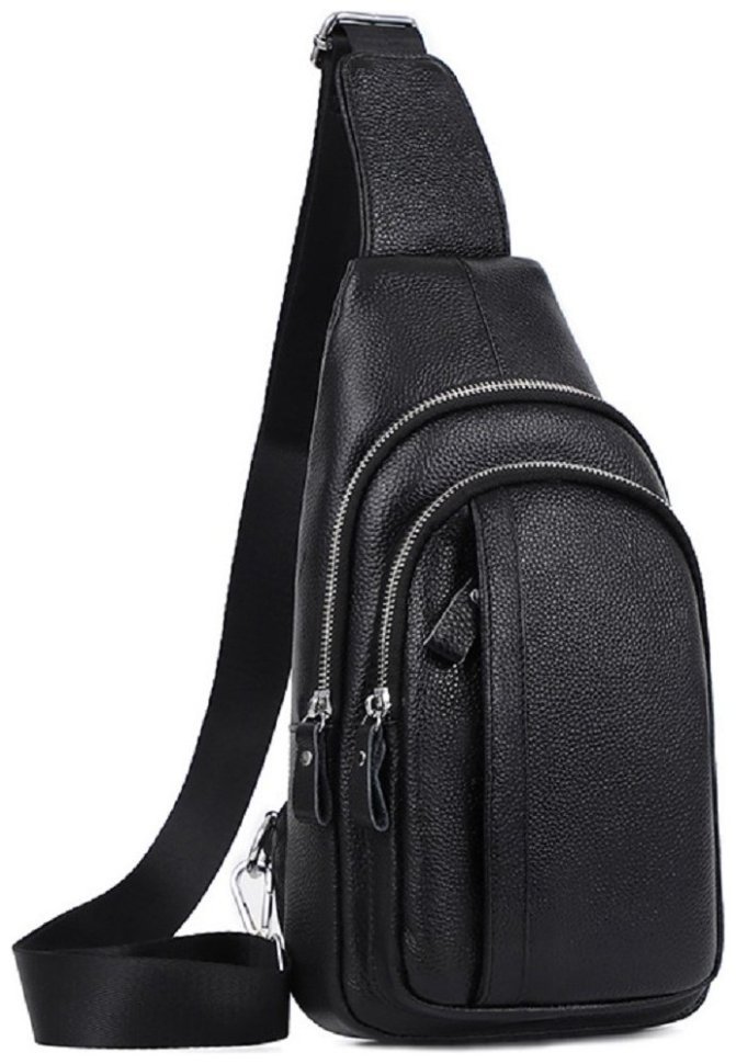 Мужская вместительная кожаная сумка-слинг черного цвета Tiding Bag 77503