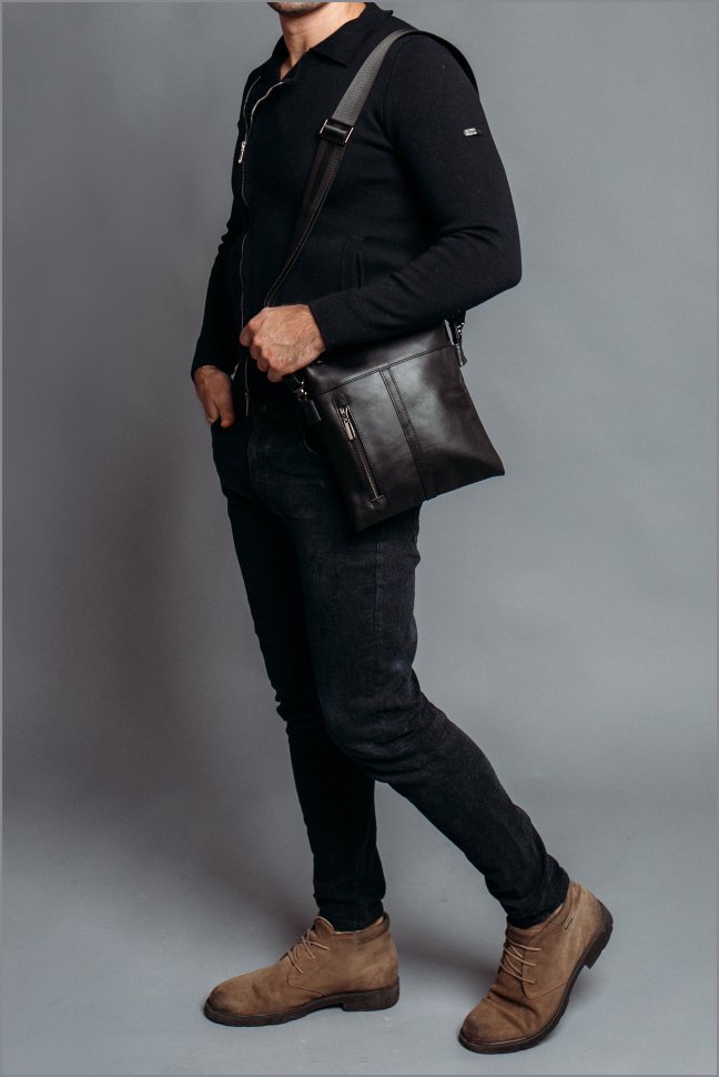 Повсякденна чоловіча сумка-планшет на плече із гладкої шкіри чорного кольору Tiding Bag 77603