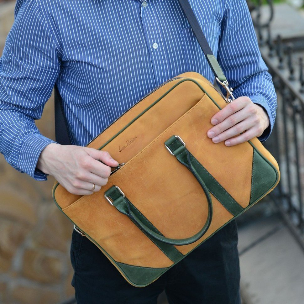 Двухцветная кожаная мужская сумка под документы и ноутбук формата А4 Issa Hara (27038)