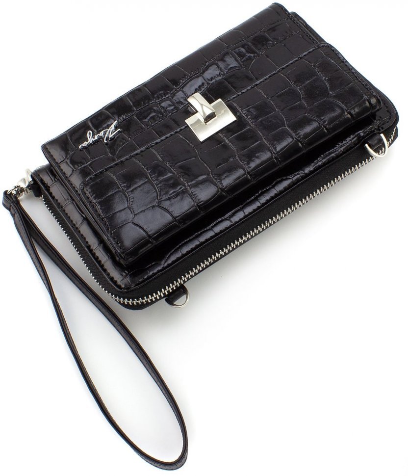 Лаковий жіночий гаманець-клатч із натуральної шкіри під крокодила KARYA (19577)