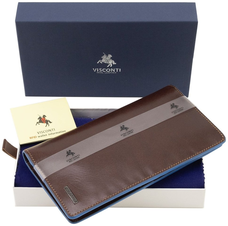 Кожаный мужской купюрник из натуральной коричневой кожи с синей окантовкой Visconti Jean-Paul 69103 modnotak фото №9