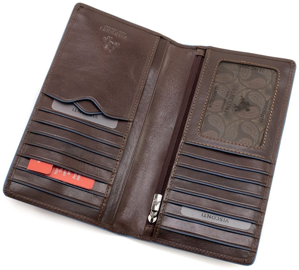 Кожаный мужской купюрник из натуральной коричневой кожи с синей окантовкой Visconti Jean-Paul 69103 modnotak фото №4