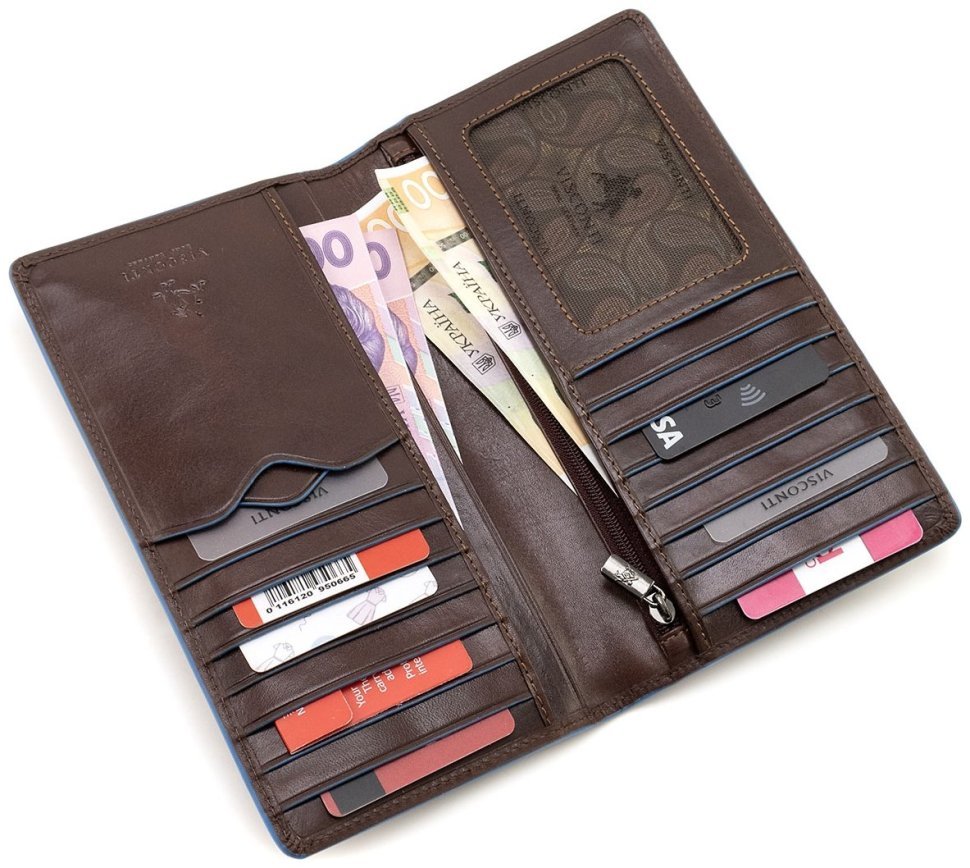 Кожаный мужской купюрник из натуральной коричневой кожи с синей окантовкой Visconti Jean-Paul 69103 modnotak фото №5