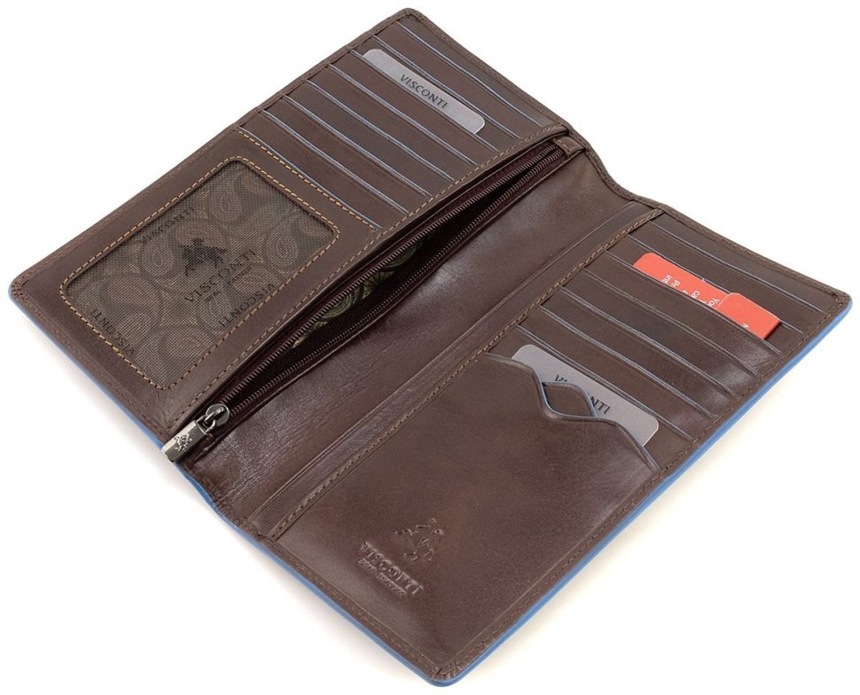 Кожаный мужской купюрник из натуральной коричневой кожи с синей окантовкой Visconti Jean-Paul 69103 modnotak фото №6