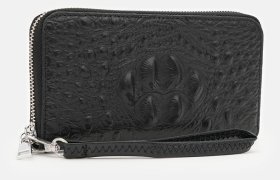 Кожаный кошелек клатч с фактурой под кроко с кистевым ремешком Borsa Leather 109203 черного цвета