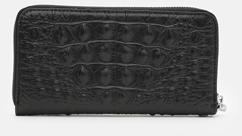 Кожаный кошелек клатч с фактурой под кроко с кистевым ремешком Borsa Leather 109203 черного цвета modnotak фото №3