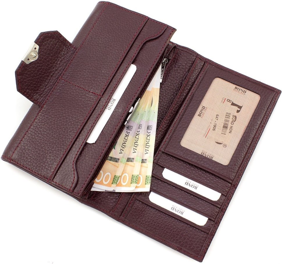 Повсякденний великий жіночий гаманець з натуральної шкіри кольору марсала Bond Non (10911)