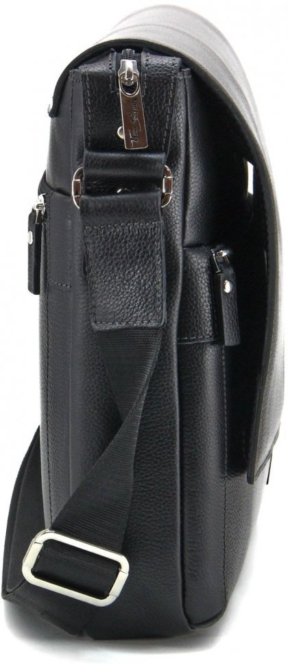 Черная горизонтальная мужская сумка-мессенджер из натуральной кожи флотар Tom Stone (10989)