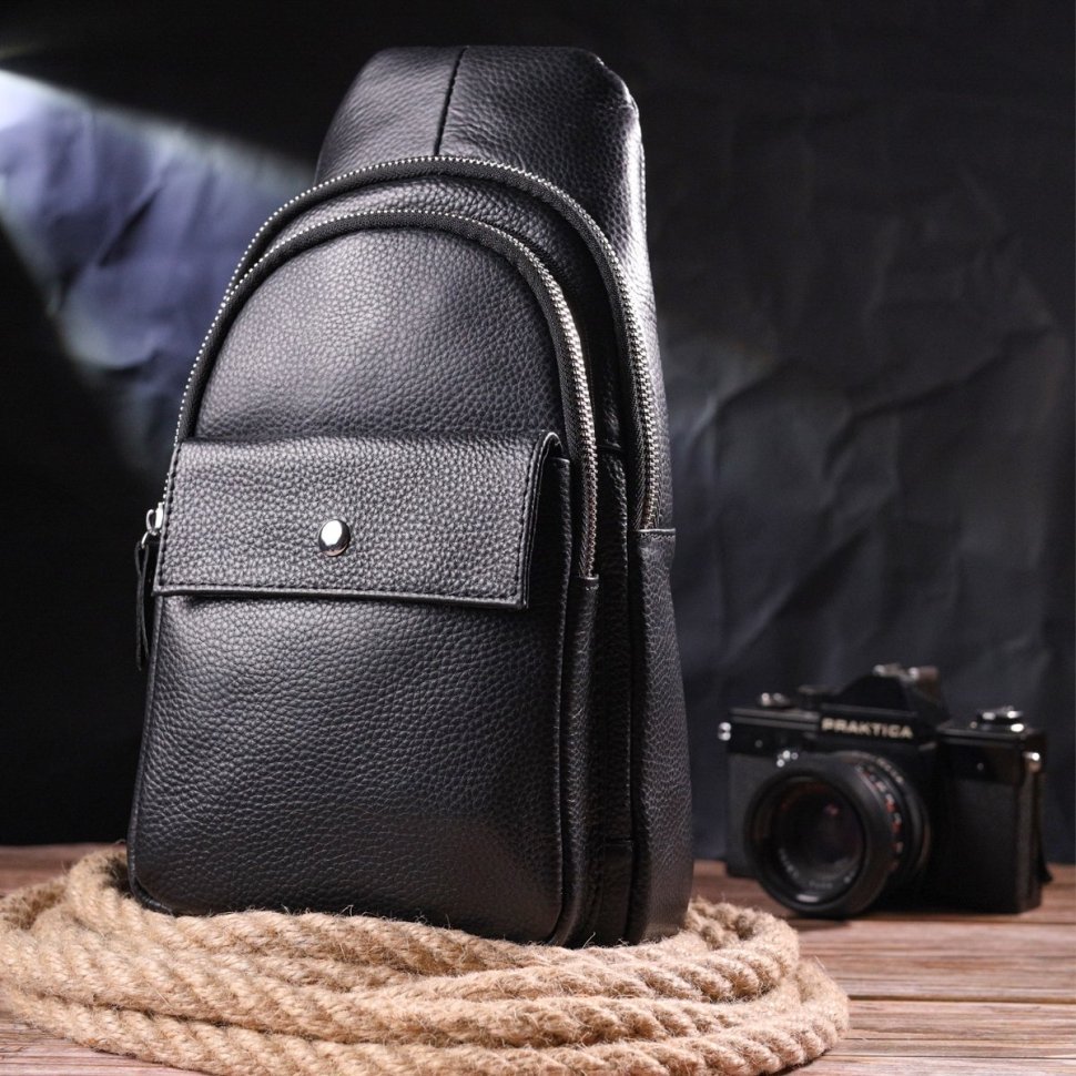 Черная мужская сумка-слинг из натуральной зернистой кожи Vintage (2421402)