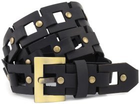 Итальянский кожаный ремень бохо с золотистой пряжкой Gherardini 40824 черный