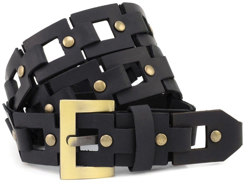 Итальянский кожаный ремень бохо с золотистой пряжкой Gherardini 40824 черный modnotak фото №1