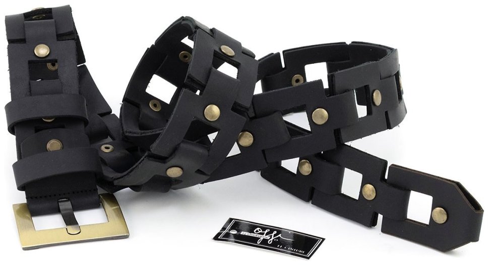 Итальянский кожаный ремень бохо с золотистой пряжкой Gherardini 40824 черный modnotak фото №4