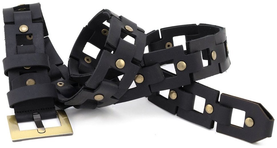 Итальянский кожаный ремень бохо с золотистой пряжкой Gherardini 40824 черный modnotak фото №5