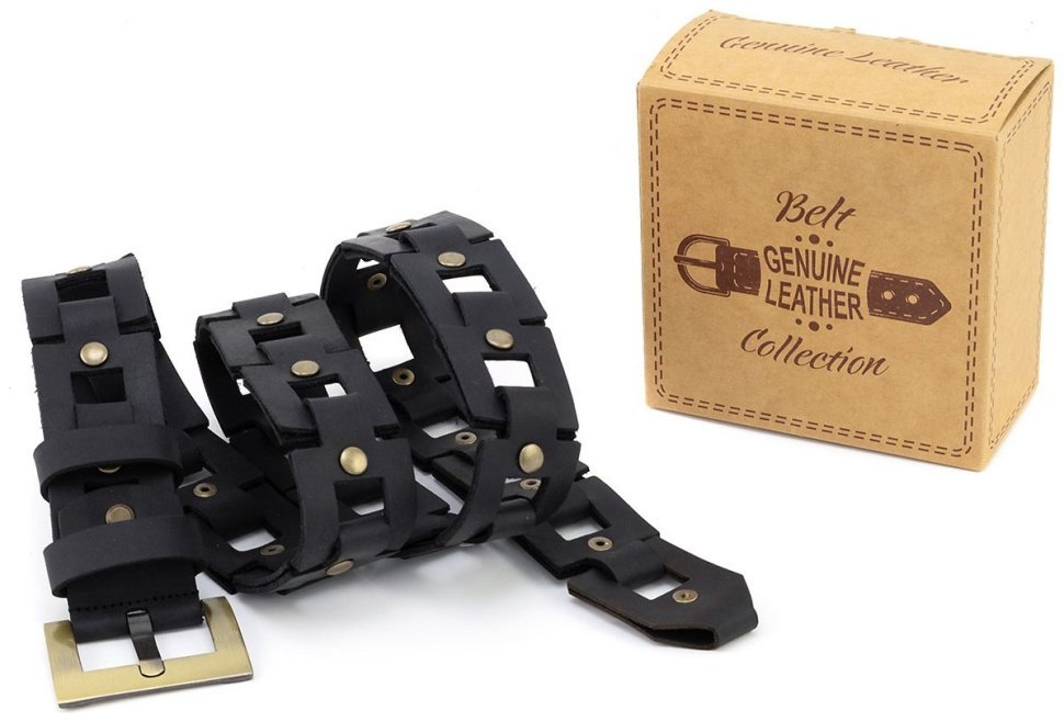 Итальянский кожаный ремень бохо с золотистой пряжкой Gherardini 40824 черный modnotak фото №6