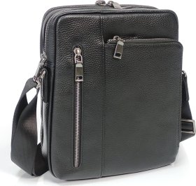 Невелика чоловіча плечова сумка із зернистої шкіри чорного кольору на дві блискавки Tiding Bag (21228)