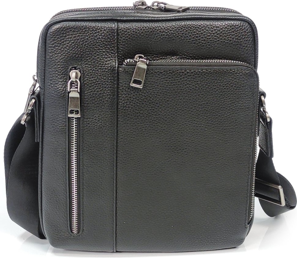 Небольшая мужская плечевая сумка из зернистой кожи черного цвета на две молнии Tiding Bag (21228)