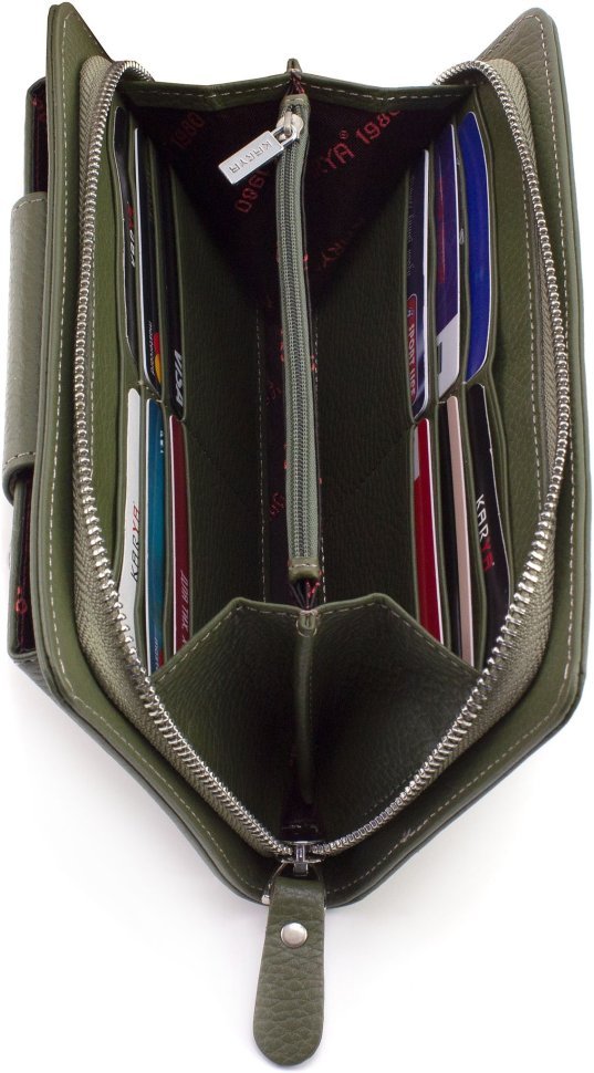 Великий жіночий гаманець-клатч із натуральної шкіри оливкового кольору Karya 67504