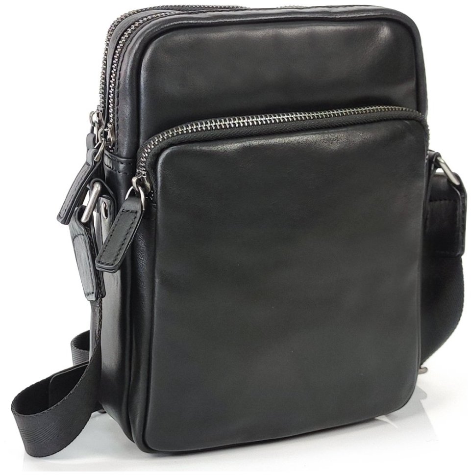Компактная мужская сумка-планшет из гладкой кожи черного цвета на две молнии Tiding Bag 77604
