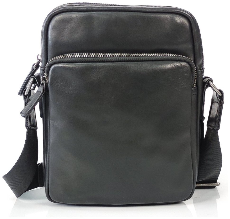 Компактная мужская сумка-планшет из гладкой кожи черного цвета на две молнии Tiding Bag 77604
