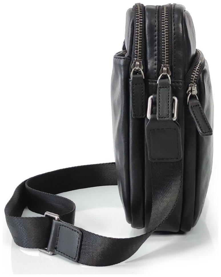 Компактна чоловіча сумка-планшет із гладкої шкіри чорного кольору на дві блискавки Tiding Bag 77604