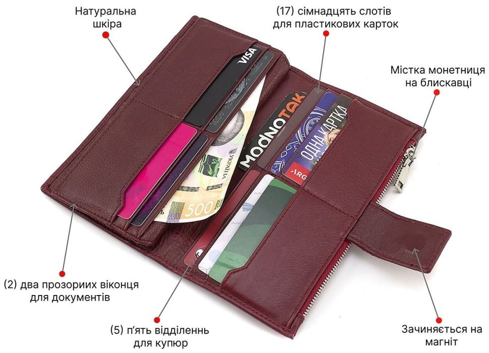 Вертикальный женский купюрник из натуральной кожи бордового цвета на магните Marco Coverna 68604 modnotak фото №4