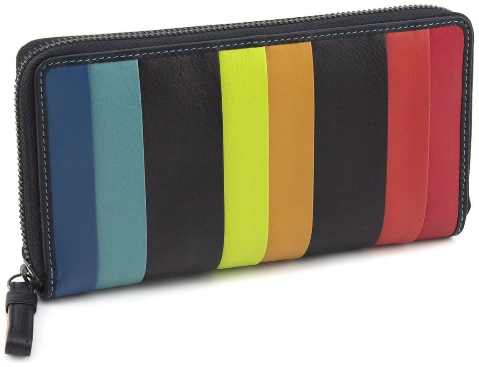Великий жіночий чорний гаманець із натуральної шкіри з кольоровими смужками Visconti Corfu 69004
