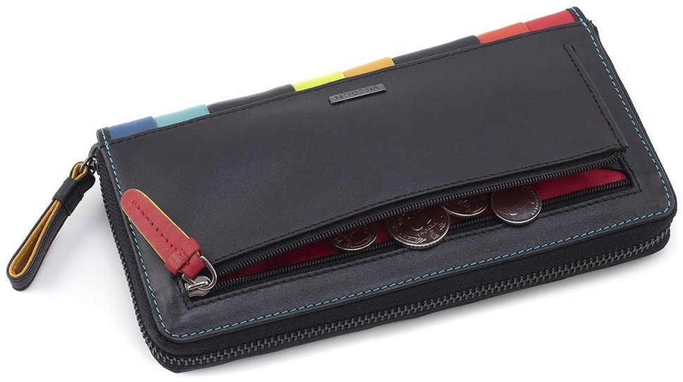 Великий жіночий чорний гаманець із натуральної шкіри з кольоровими смужками Visconti Corfu 69004