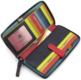 Великий жіночий чорний гаманець із натуральної шкіри з кольоровими смужками Visconti Corfu 69004