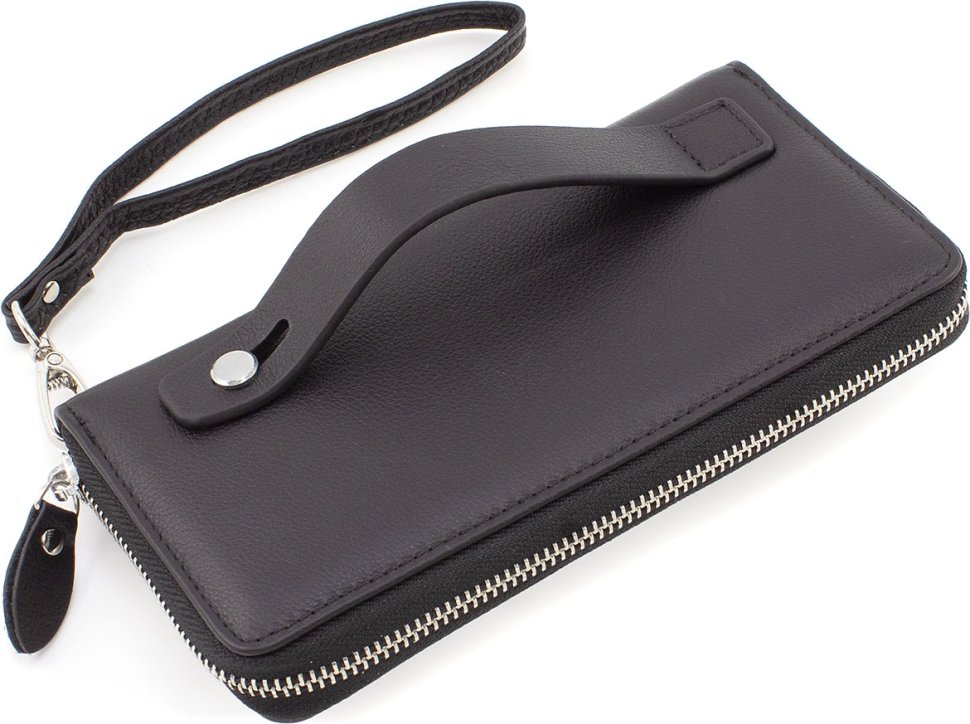 Класичний гаманець з натуральної шкіри чорного кольору під багато купюр на блискавці Marco Coverna (21593)